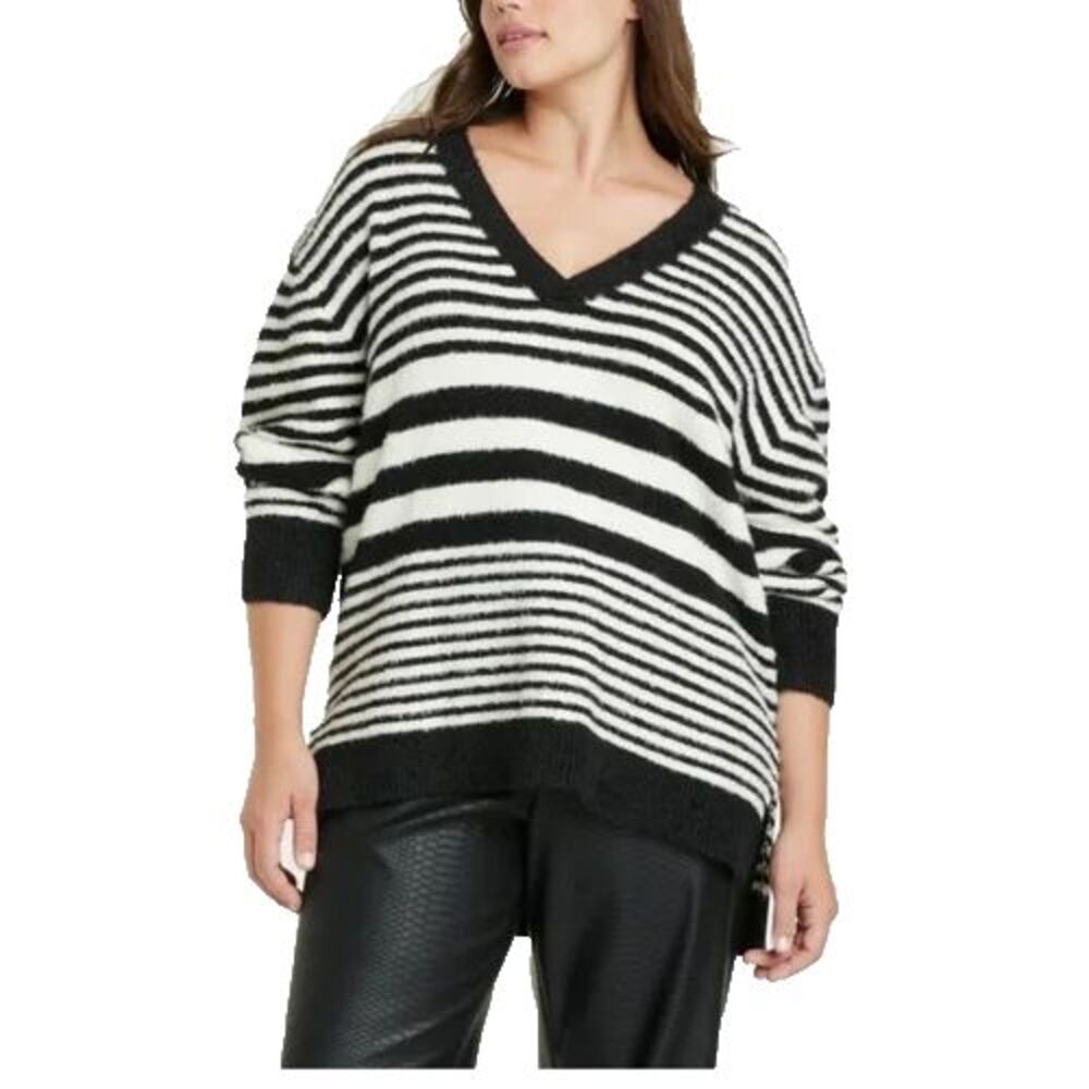 AVA & VIV Women's Fuzzy V-Neck Tunic Pullover Sweater Plus Size 3X Black Striped